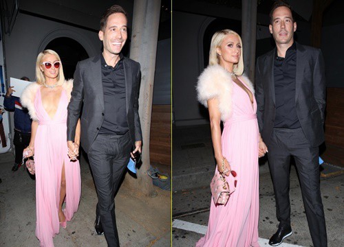 Paris Hilton diện đầm hồng gợi cảm đi dự tiệc cùng hôn phu Carter Reum