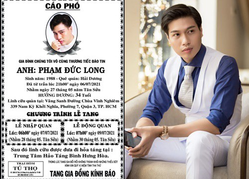 Cáo phó cùng thông tin tang lễ của diễn viên Đức Long: Tiết lộ thời gian cử hành lễ nhập quan, linh cữu sẽ được hoả táng