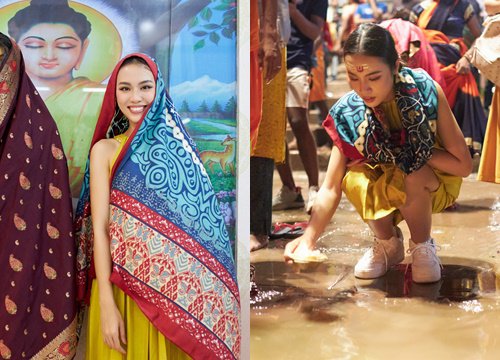 Á hậu Thủy Tiên "xuất ngoại", nhan sắc xinh đẹp tại lễ cầu an Ấn Độ