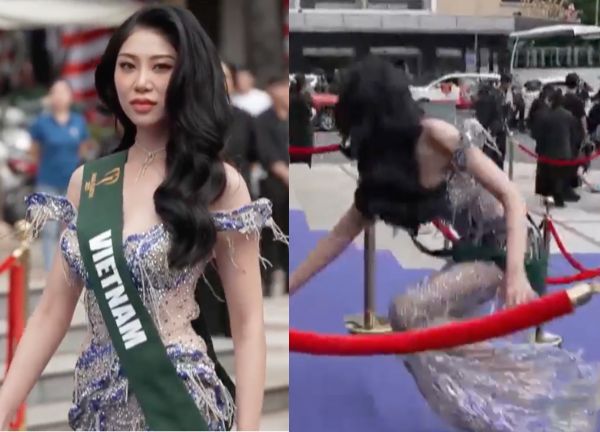 Lan Anh catwalk loạng choạng, vấp té 2 lần ngay màn chào sân Miss Earth 2023, fan Việt thót tim