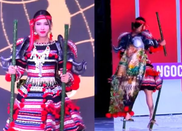 Ngọc Hằng gặp sự cố thót tim ở Miss Intercontinental, cà kheo gãy làm đôi tại đêm Trang phục Dân tộc