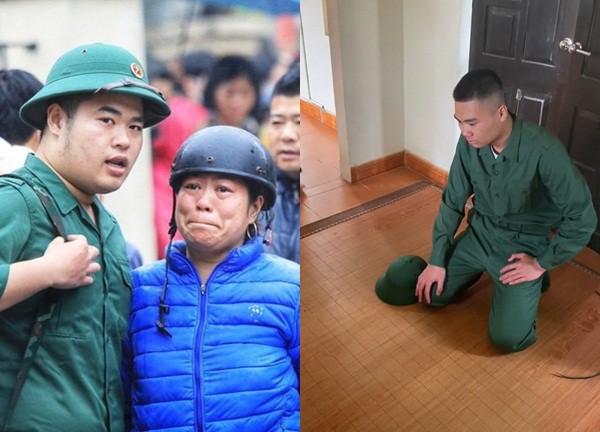 Cháu bật khóc quỳ tạm biệt bà trước khi đi nhập ngũ