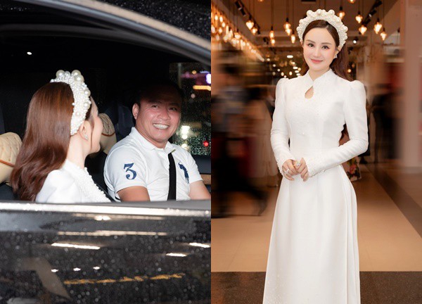 Ca sĩ Vy Oanh xinh đẹp rạng rỡ, được chồng hộ tống đi cúng Tổ