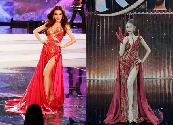 Que Anh was suspected of wearing a copycat evening gown, and was immediately rejected by MGI?