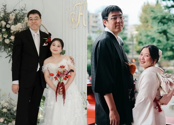 9X bride marries "giant" 1m93 husband, 17 years older, wedding shocks the internet