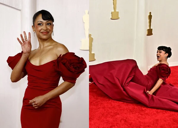 The female star tripped and fell on the Oscars 2024 red carpet because of her 20cm high 'anti-owner' shoes