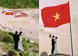 Couple poses for wedding photos during Flag Ceremony, storms with sacred moment