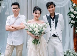 Identity of the girl going to the wedding wearing a white dress, holding flowers like a bride taking a photo with the groom