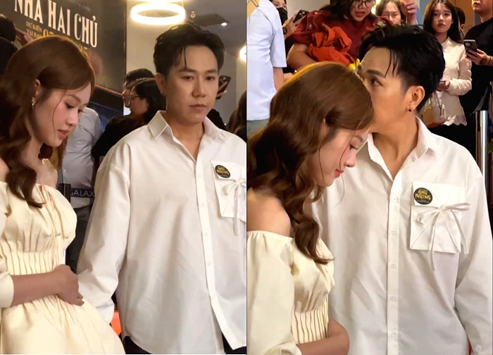 Anh Duc's wife continuously rubs her belly on the red carpet, netizens suspect she is pregnant with her first child