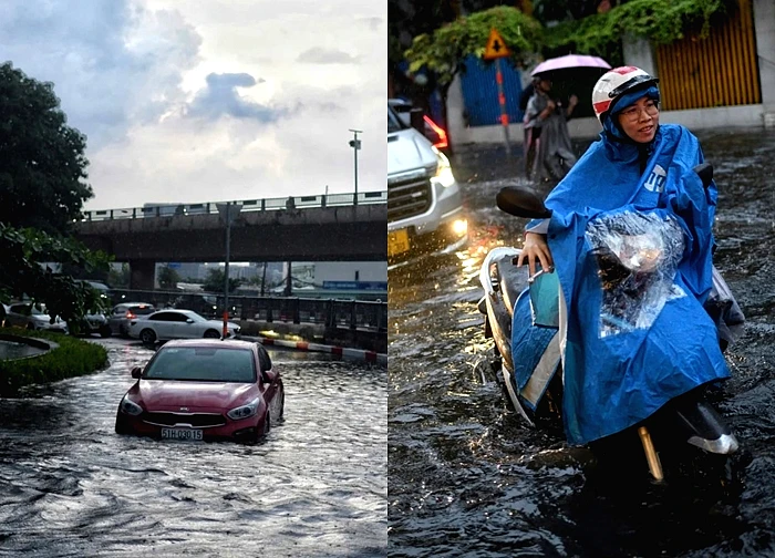 TP.HCM mưa trắng trời, ôtô chết máy trên đường ngập sâu