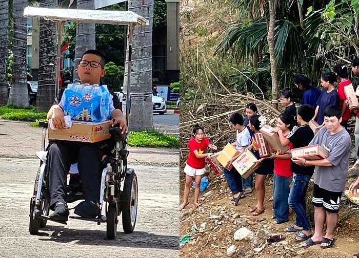 Cậu bé khuyết tật bán vé số ở Đắk Lắk ôm thùng mì tôm gửi về người dân vùng lũ