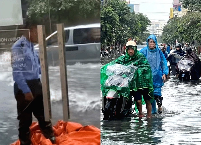 Bảo vệ ngã nhào khi ôtô lao qua vùng ngập sâu ở Hải Phòng