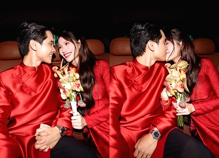 Á hậu Quỳnh Châu hôn chồng chủ tịch đắm say trong lễ vu quy