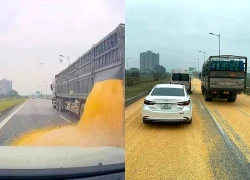 Xe đầu kéo bung chốt, 3 tấn ngô tràn xuống cao tốc Hà Nội Thái Nguyên