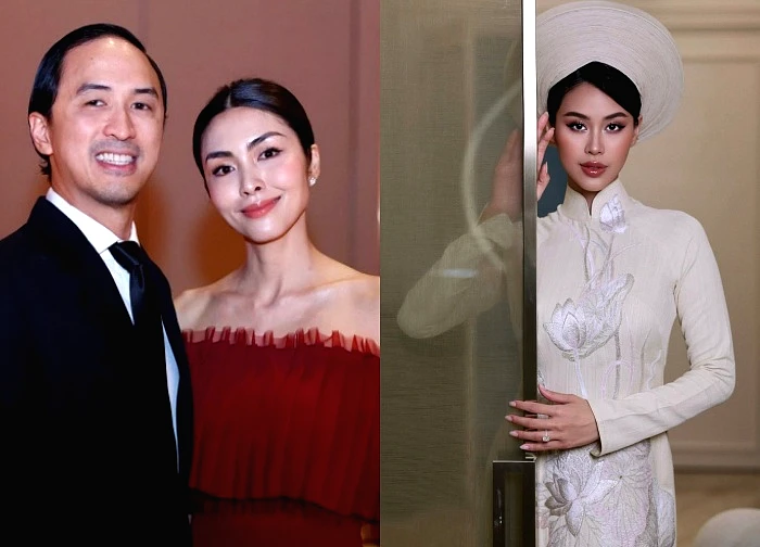 Tien Nguyen wears a ao dai sewn from extremely rare lotus silk, Ha Tang wears a feng shui dress?