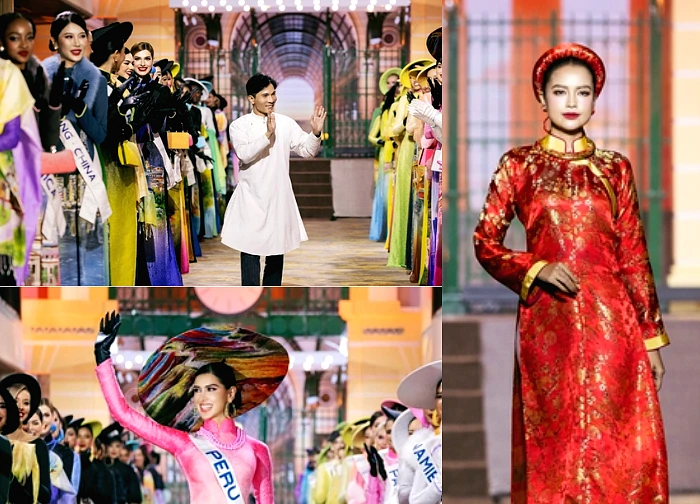 Miss Cosmo 2025 is causing a global sensation; international contestants wearing traditional Vietnamese ao dai dresses – a touch of sophistication!