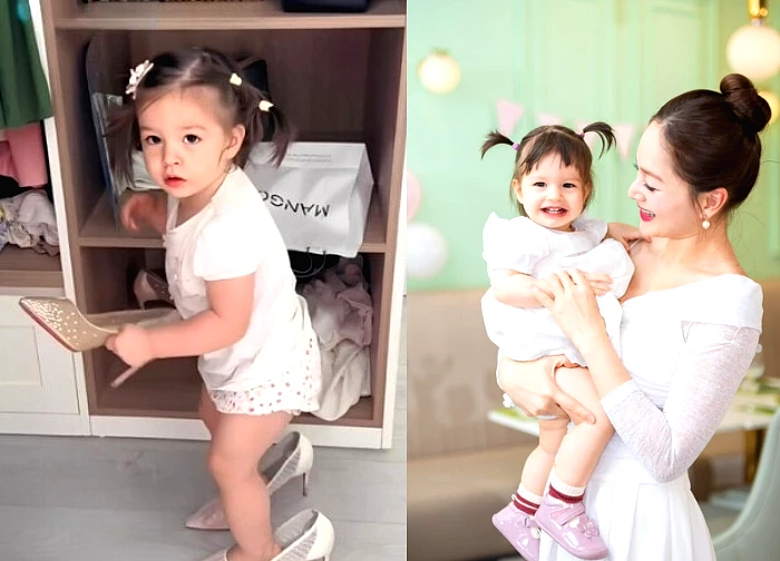 Lan Phuong's 16-month-old daughter walks in high heels by herself, "revealing" the life of a single mother.
