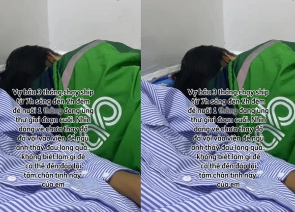 Clip 13 giây kể câu chuyện đau lòng nhất lúc này: Vợ bầu 3 tháng vẫn còn nguyên bộ đồ shipper nằm cạnh chồng ung thư
