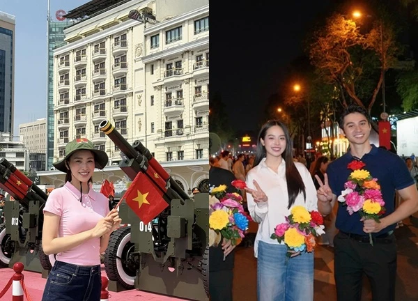 Hoa hậu Thanh Thủy tập luyện diễu hành 30/4, Tiểu Vy chụp hình với dàn đại bác