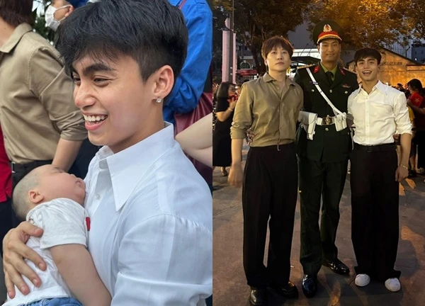 Tuấn Hưng, MONO hòa cùng dòng người xem diễu binh, còn bế con giúp khán giả