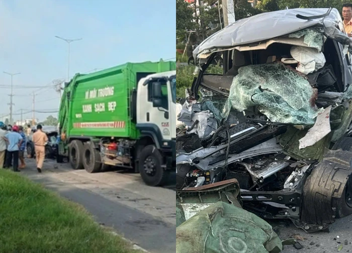 Vinh Long: 1 car collided horribly with a garbage truck, 3 casualties, shocking reason!