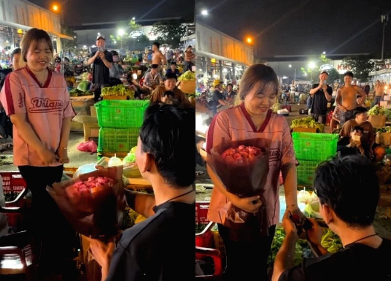 Chàng trai Tây Ninh quỳ gối cầu hôn giữa chợ rau TPHCM lúc rạng sáng
