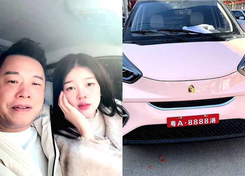 Ton Bang shows off a Porsche supercar gifted to his young wife; the inverted logo sparks speculation that it's a hybrid electric vehicle.