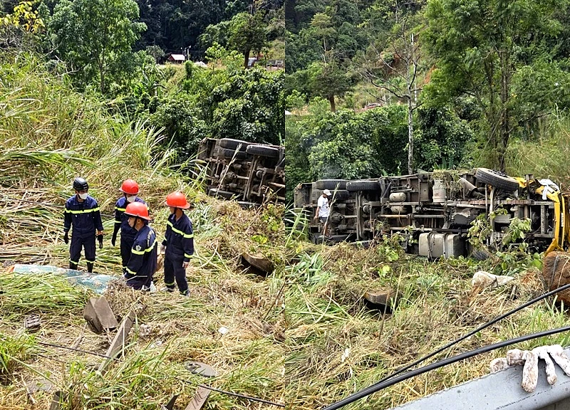 Ô tô tải lao xuống vực sâu 5m trên đèo Bảo Lộc ở Lâm Đồng