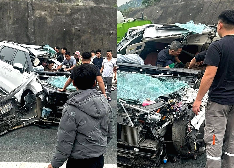 Ô tô con tông thẳng đuôi xe hút bụi trên đường cao tốc ở Quảng Ninh