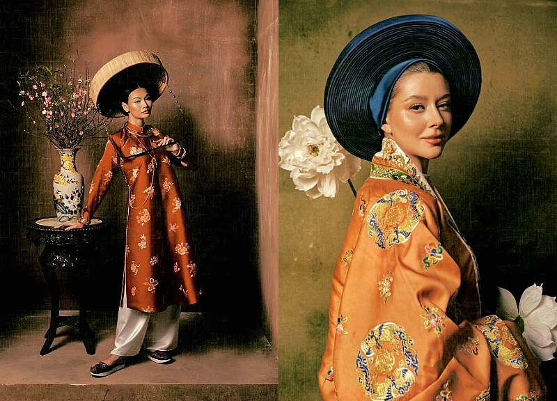 The Miss Cosmo pageant contestants "travel through time," recreating traditional Tet folk paintings, their beauty captivating.