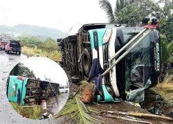 Horrifying moment: Passenger bus carrying 32 people loses control and overturns on National Highway 14.