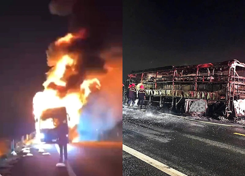 Ô tô khách chở 44 người nổ lốp trước, bốc cháy