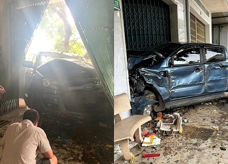 Sau va chạm, nữ tài xế lái xe bán tải lao vào nhà dân