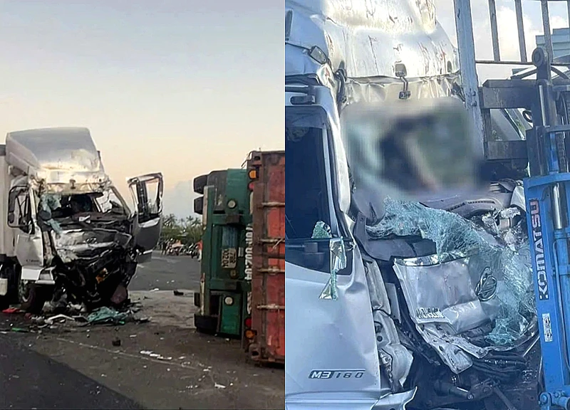 Cabin xe tải bẹp dúm sau va chạm với container, tài xế tử vong