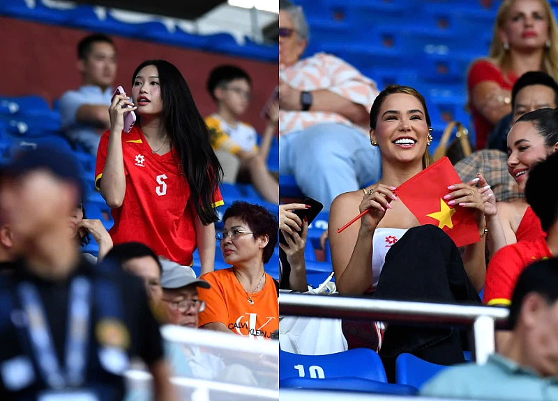 Doãn Hải My đọ sắc với vợ Hoàng Hên trên khán đài cổ vũ tuyển Việt Nam: Viusal xinh bất chấp cam thường!