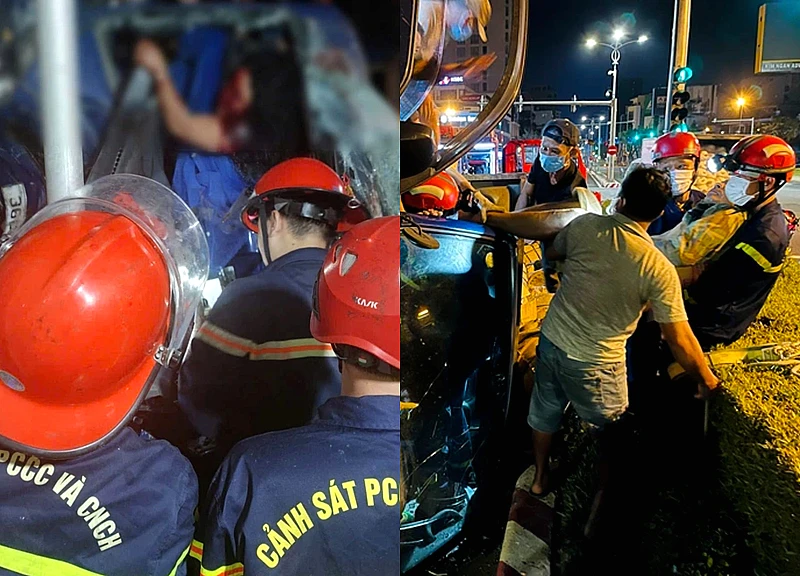 Xe tải bị lật lúc rạng sáng, 2 người mắc kẹt trong cabin