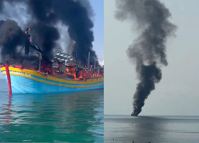 Fishing boat engulfed in flames, 21 crew members jumped into the sea to escape, property destroyed by fire.