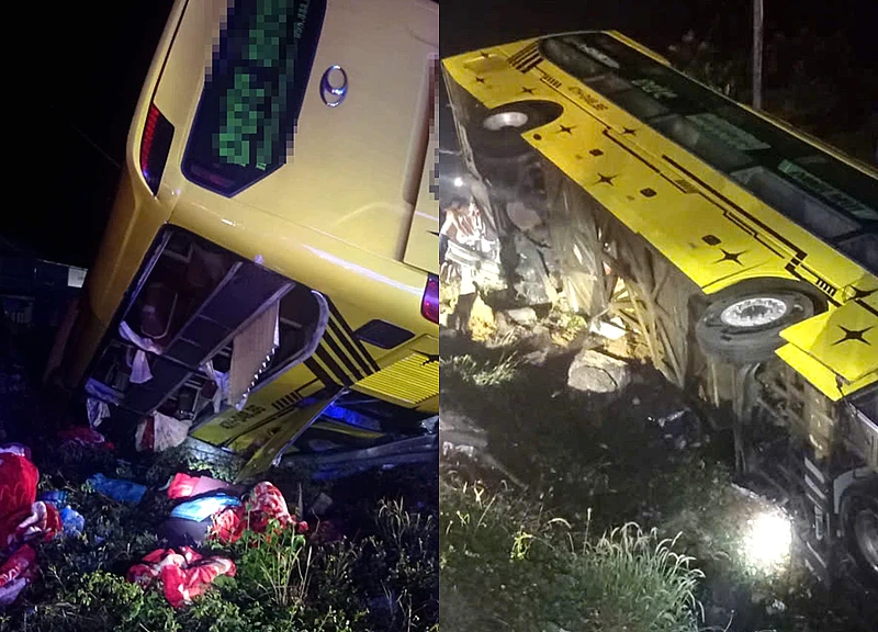 Xe khách chở 9 người tông hộ lan, lao xuống mương bên quốc lộ